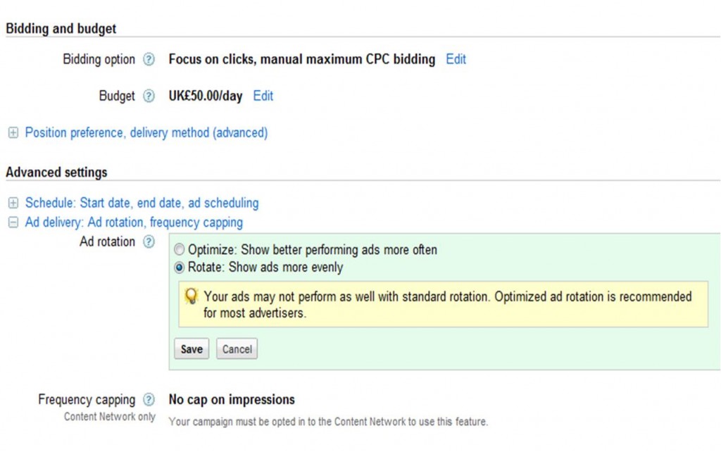 Google Adwords ad rotation settings screenshot