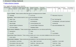 Google keyword report advanced settings