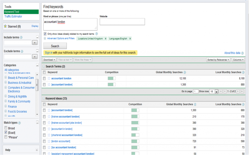 google keyword tool settings